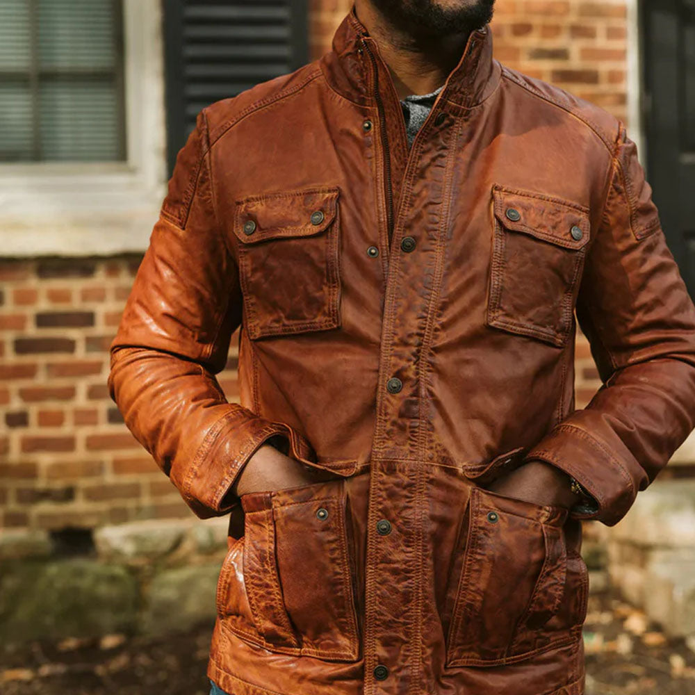 Men Lambskin Pure Fine Grain Leather Brown Field Jacket