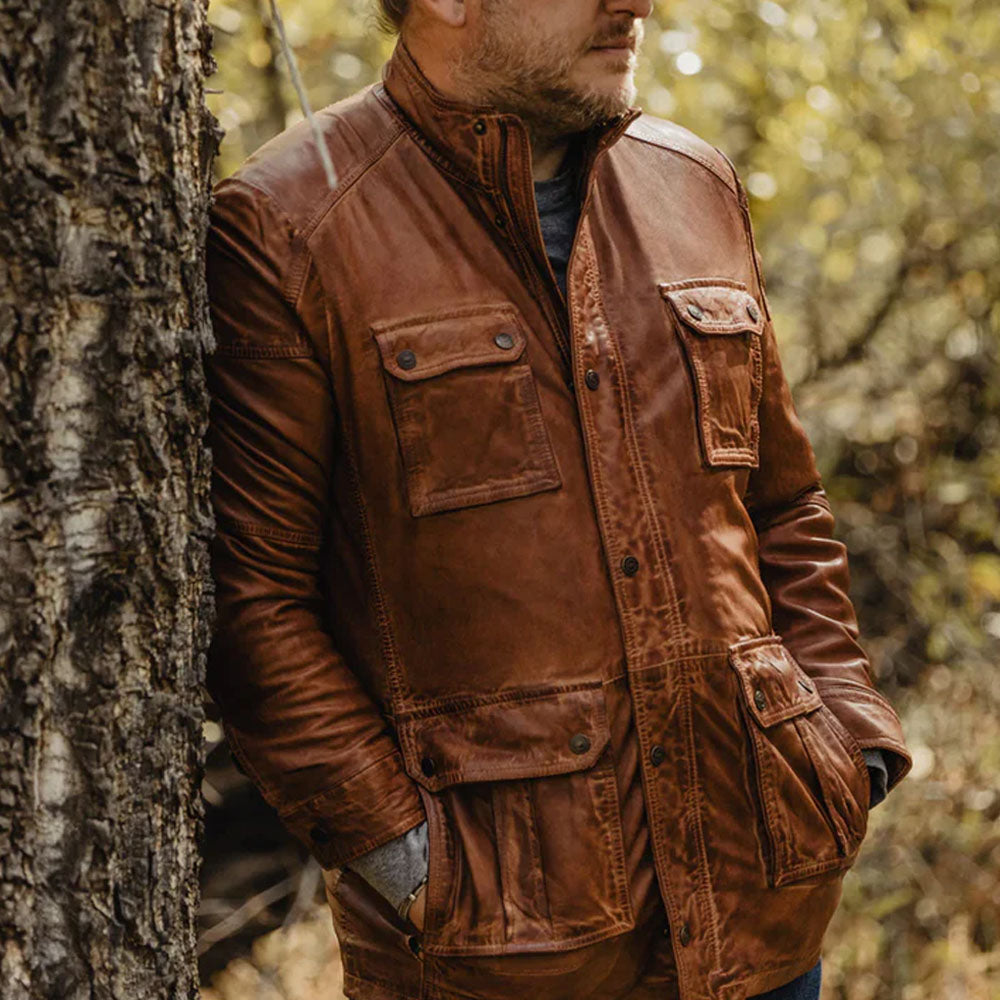 Men Lambskin Pure Fine Grain Leather Brown Field Jacket