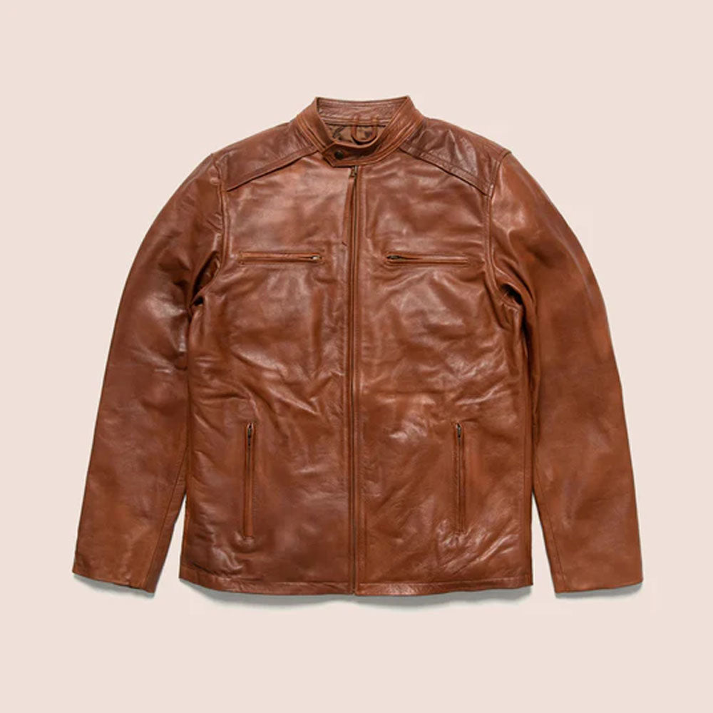 Men Motorbike Cafe Racer Brown Leather Jacket