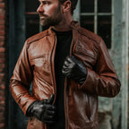 Men Motorbike Cafe Racer Brown Leather Jacket