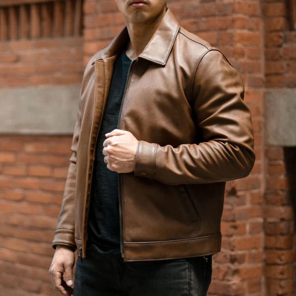 Men's Brown Point Collar Sheepskin Leather Jacket