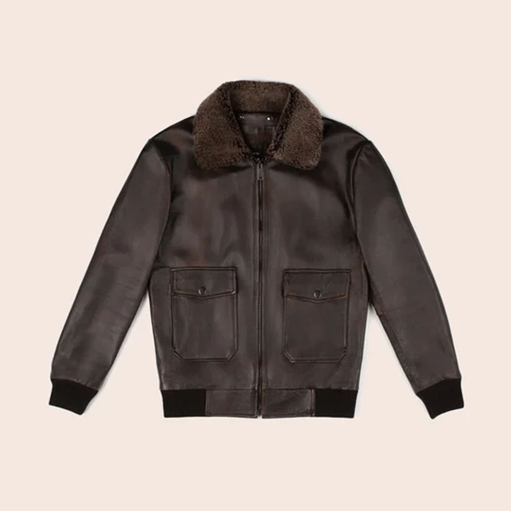 Men Iconic Brown Trucker Bomber Leather Fur Collar Jacket