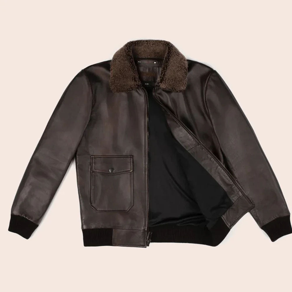 Men Iconic Brown Trucker Bomber Leather Fur Collar Jacket