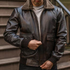 Men Iconic Brown Trucker Bomber Leather Fur Collar Jacket