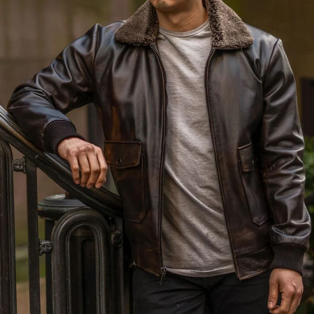 Men Iconic Brown Trucker Bomber Leather Fur Collar Jacket