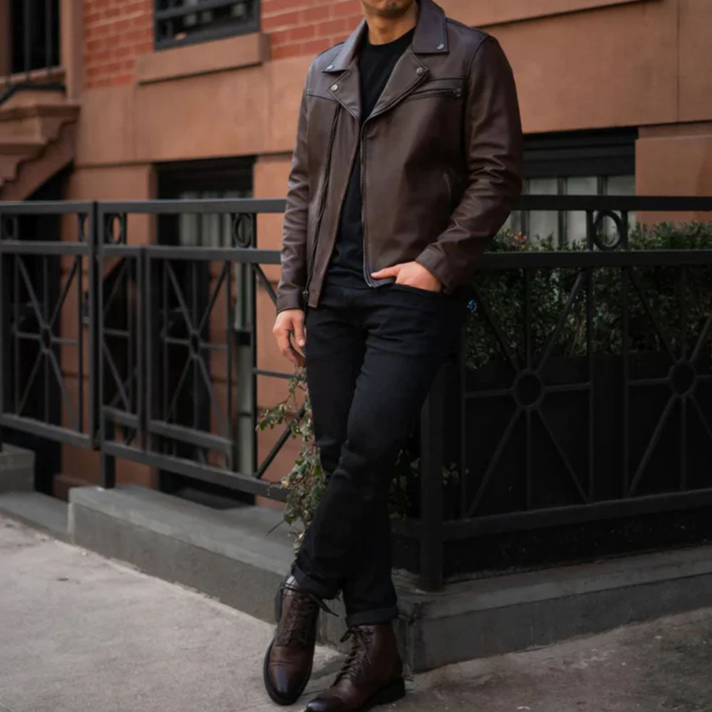 Brown Men Racer Motorbike Leather Jacket