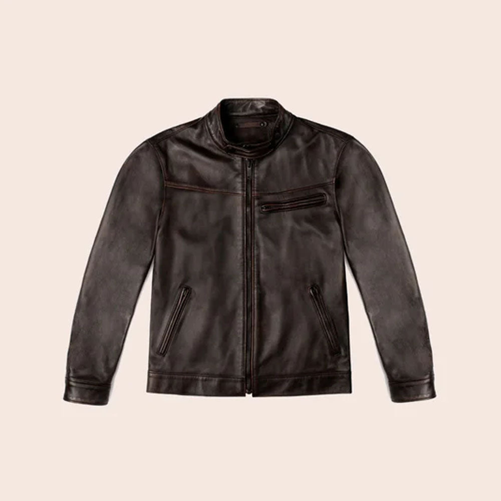 Brown Cafe Men Goatskin Motorbike Leather Jacket