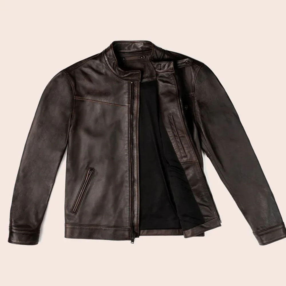 Brown Cafe Men Goatskin Motorbike Leather Jacket