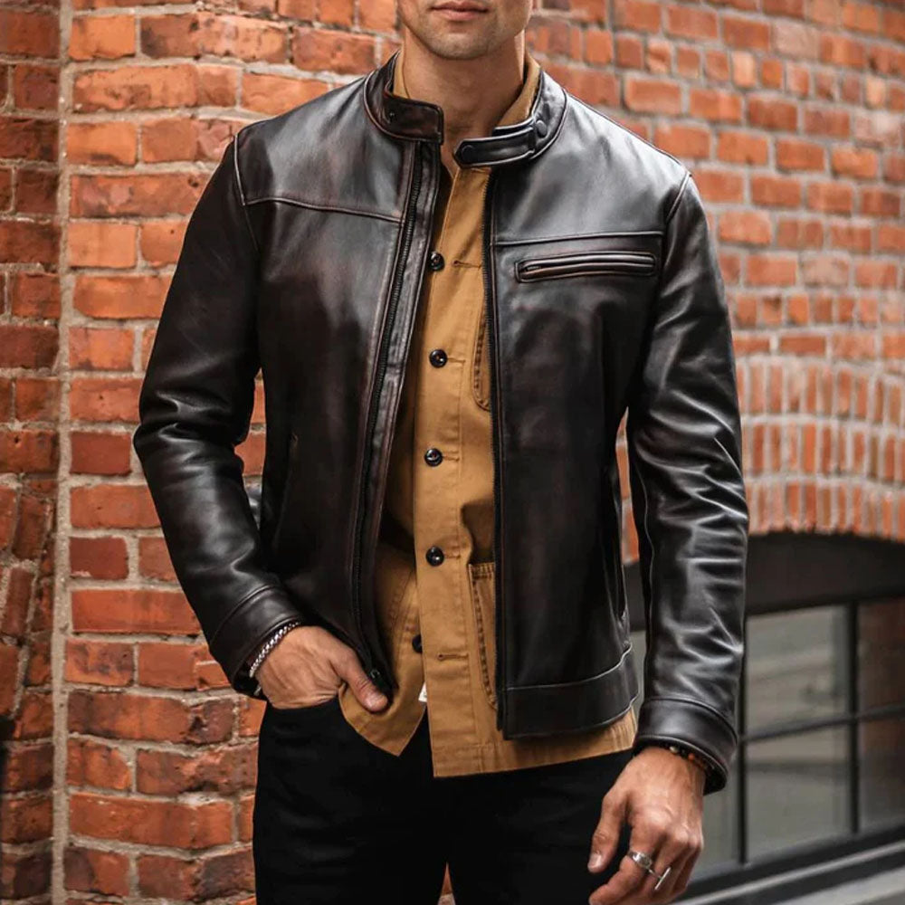 Brown Cafe Men Goatskin Motorbike Leather Jacket