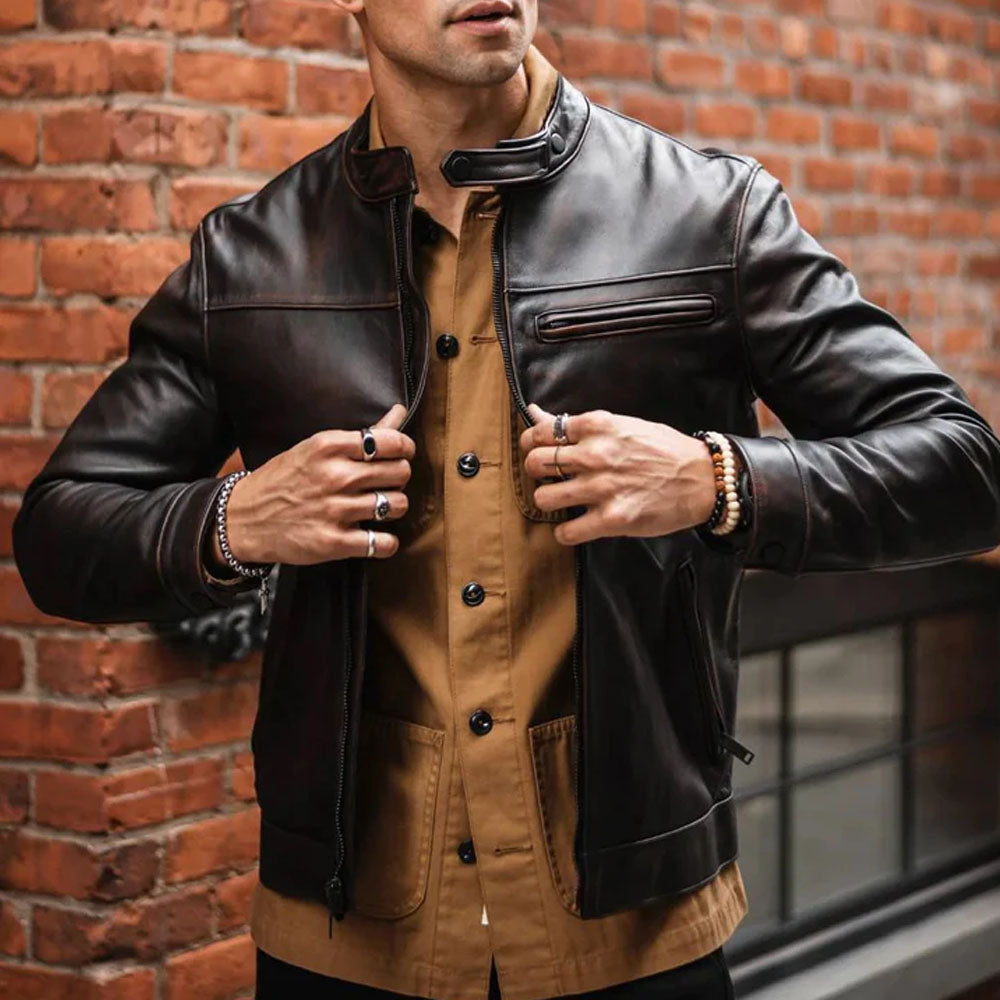 Brown Cafe Men Goatskin Motorbike Leather Jacket