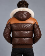 Brown Leather Puffer Jacket with Faux Fur Trimmed Hood