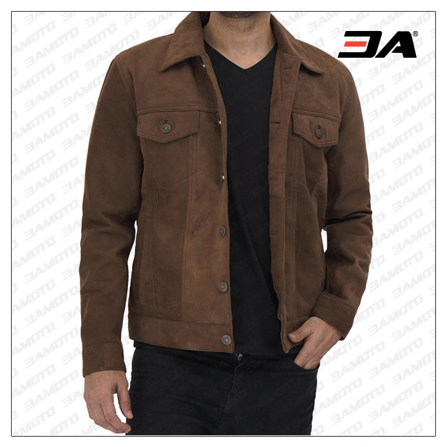 Gilbert Men Brown Suede Leather Trucker Jacket