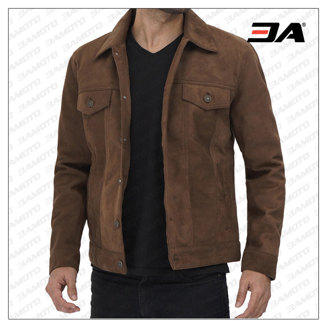 Gilbert Men Brown Suede Leather Trucker Jacket
