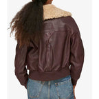 Burgundy Aviator Shearling Collar Jacket