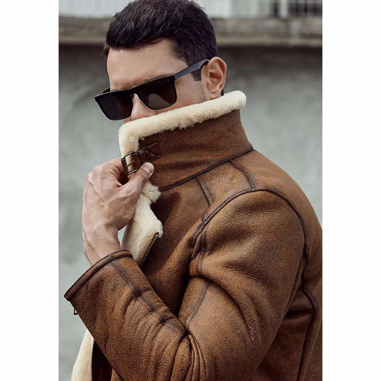 Men’s Tan Brown Leather Shearling Jacket