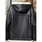 Men’s Black Sheepskin Leather White Shearling Jacket with Hood