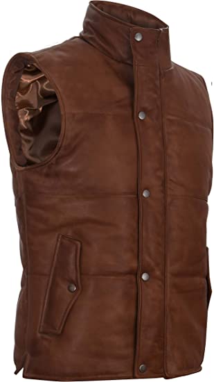 Men's Puffer Leather Vest In Brown
