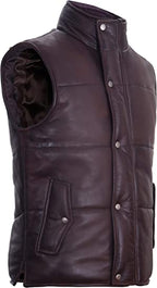 Men's Puffer Leather Vest In Maroon