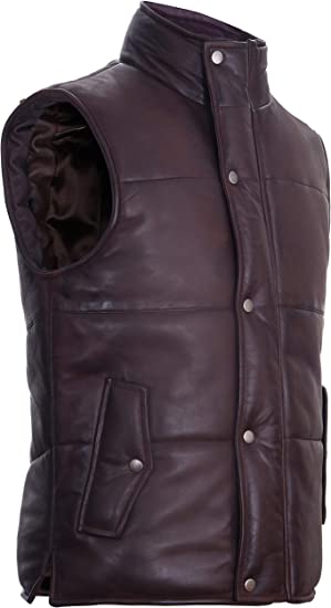 Men's Puffer Leather Vest In Maroon