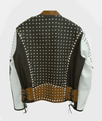 Men's Brown & White Studded Leather Biker Jacket by Avanzar