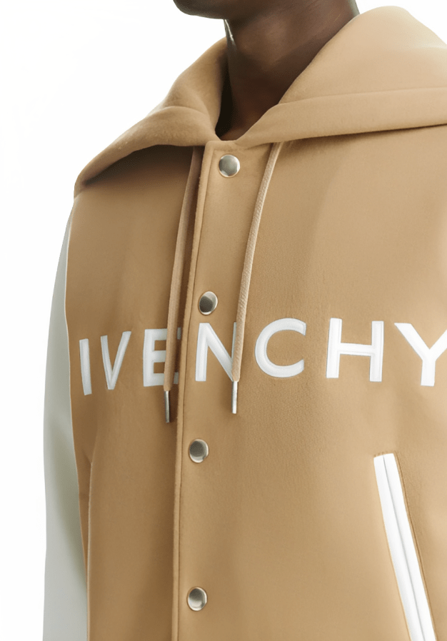 Men's Beige Varsity Bomber Leather Jacket with White Sleeves - Classic & Trendy