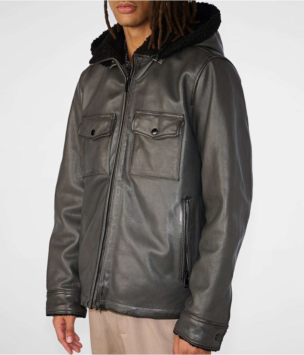 Men's Gray Leather Harrington Shearling Jacket by Avanzar