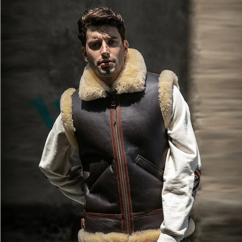Men's Leather Shearling Vest In Dark Brown
