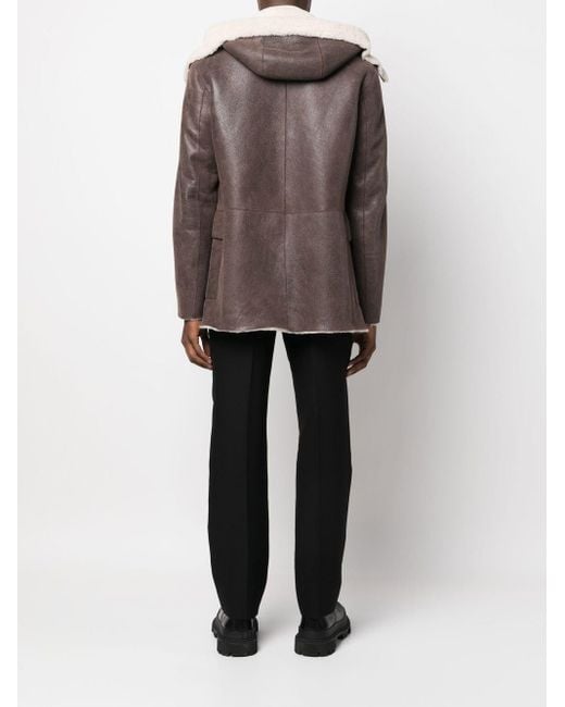 Men's Sheepskin Leather Jacket with Hood in Brown