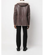 Men's Sheepskin Leather Jacket with Hood in Brown