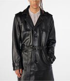 Men's Black Belted Trench Leather Coat