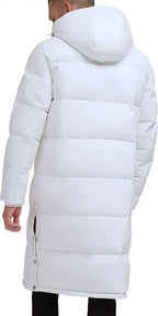 Men's White Trench Puffer Leather Coat - Sleek & Warm