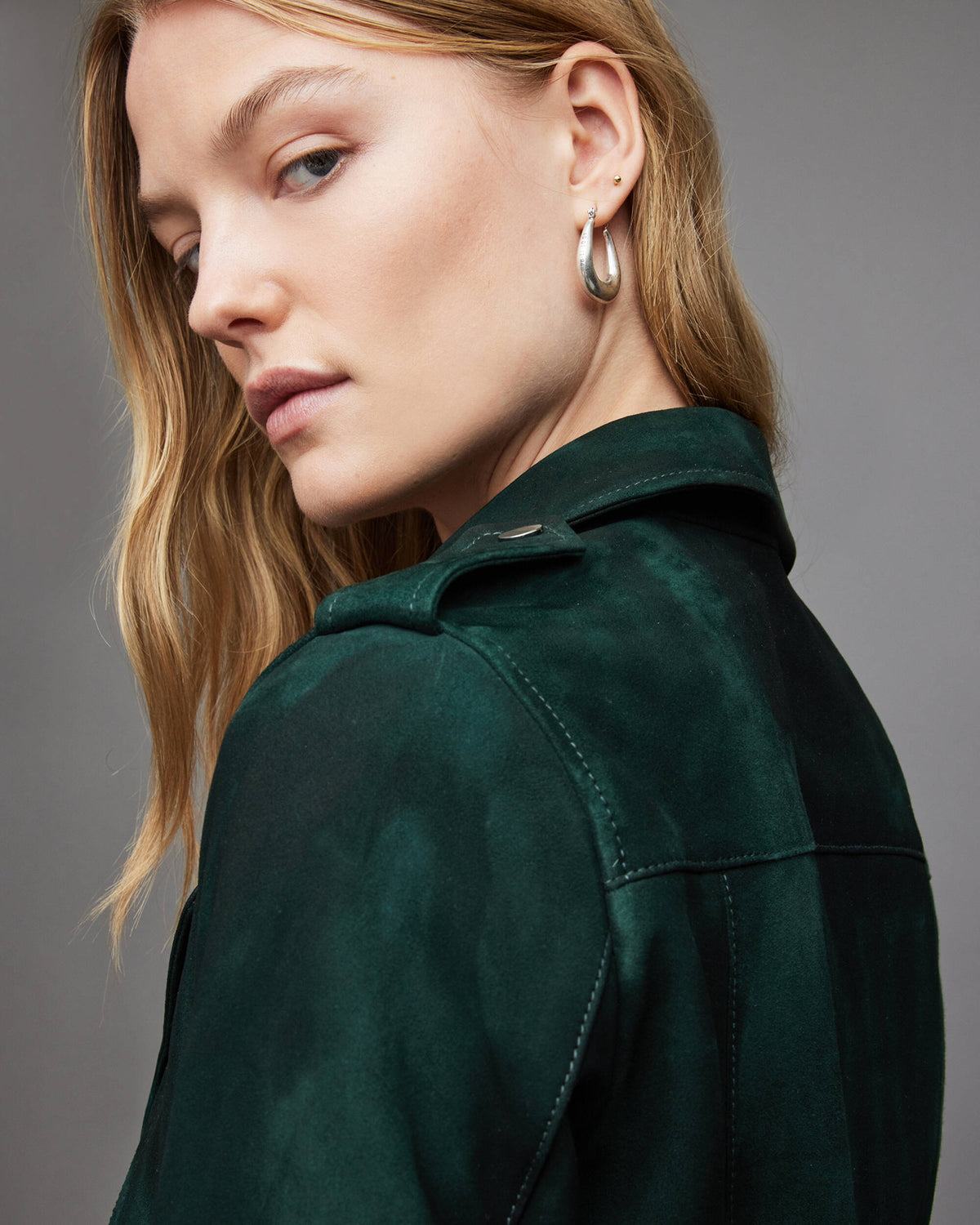 Women's Royal Green Suede Biker Leather Jacket With Belt