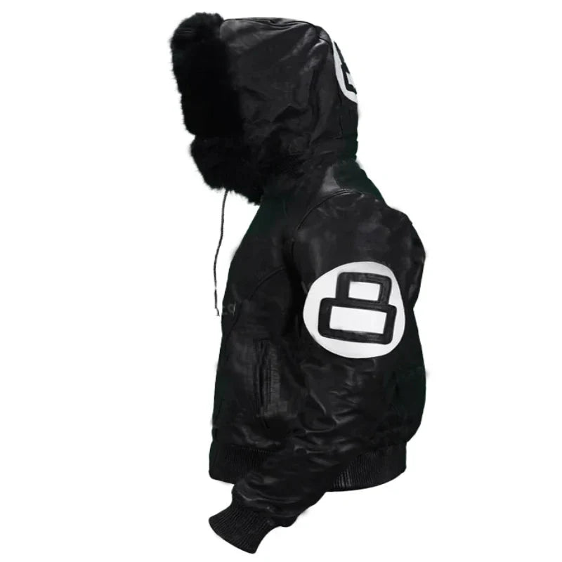 Unisex Black Varsity Style Leather Bomber 8 Ball Jacket