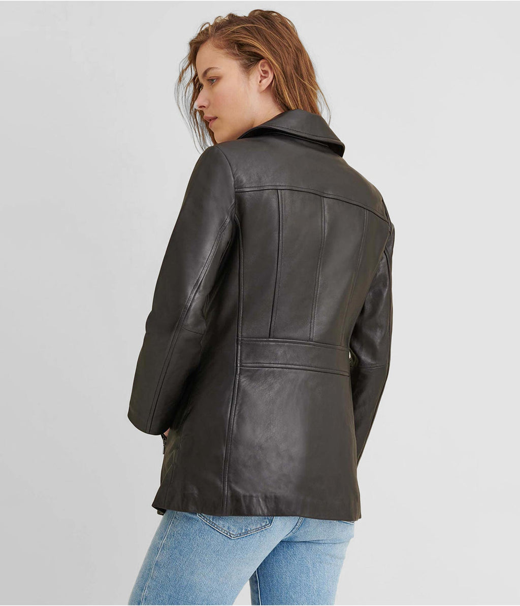Women's Black Leather Scuba Jacket with Zip Front