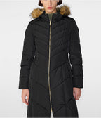 Women's Black Fur Hooded Puffer Trench Coat