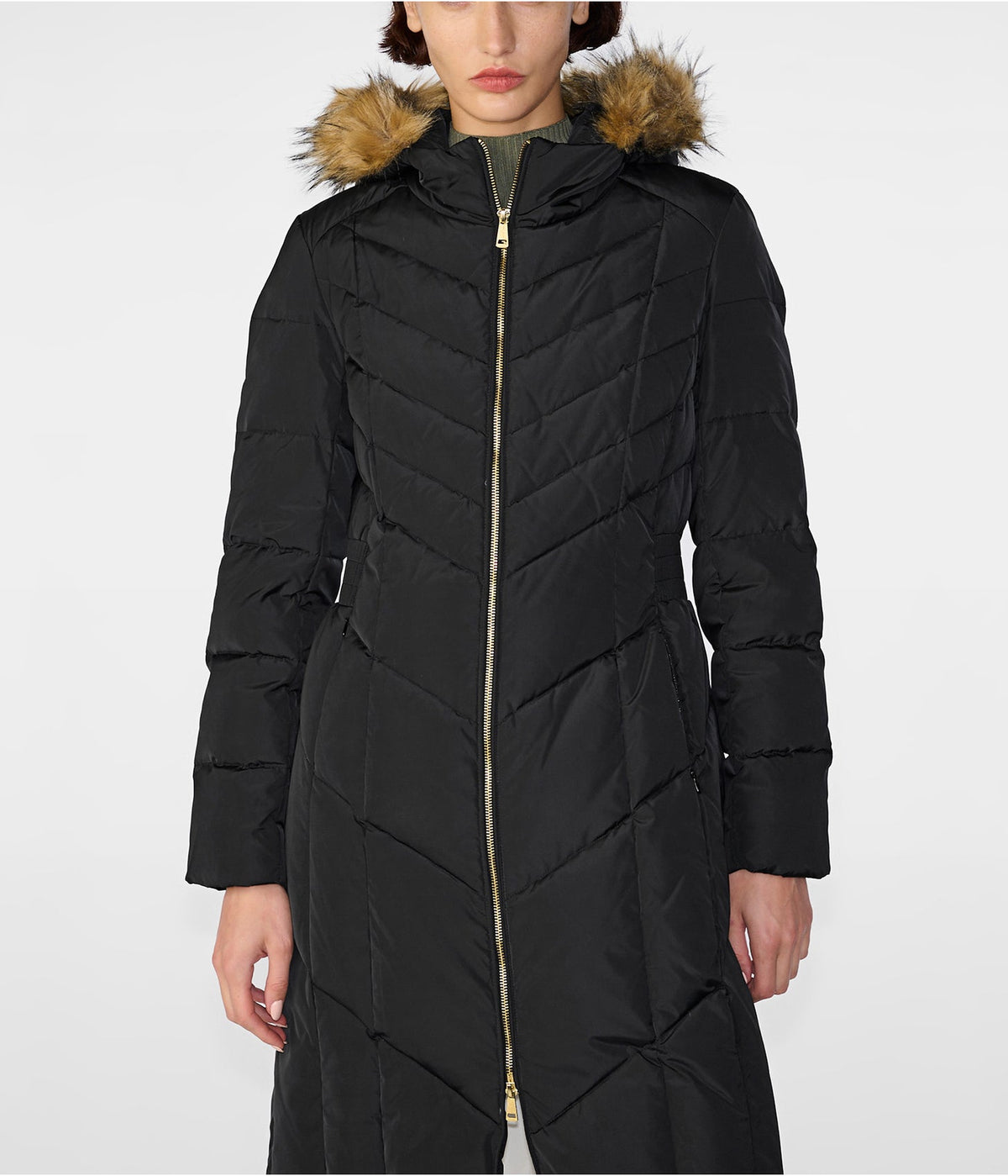 Women's Black Fur Hooded Puffer Trench Coat