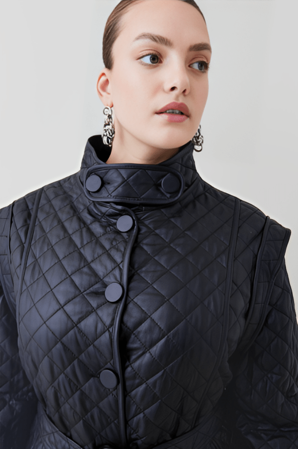 Women's Black Quilted Leather Trench Coat