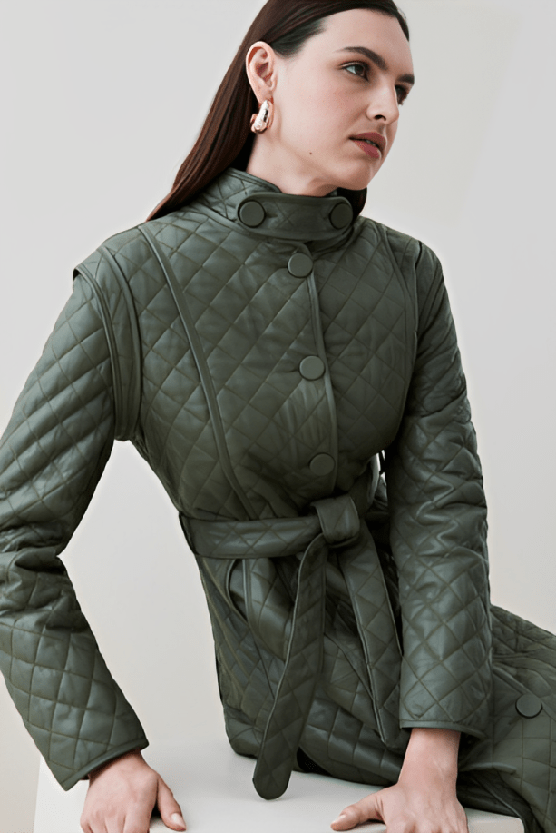 Women's Olive Quilted Leather Trench Coat