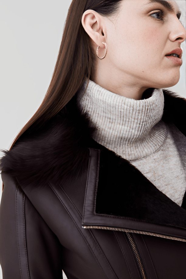 Women's Dark Brown Shearling Leather Coat with Elegant Design