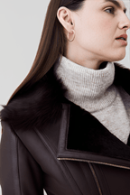 Women's Dark Brown Shearling Leather Coat with Elegant Design