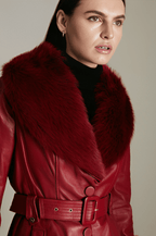 Women's Red Shearling Leather Coat with Fur Collar and Elegant Design