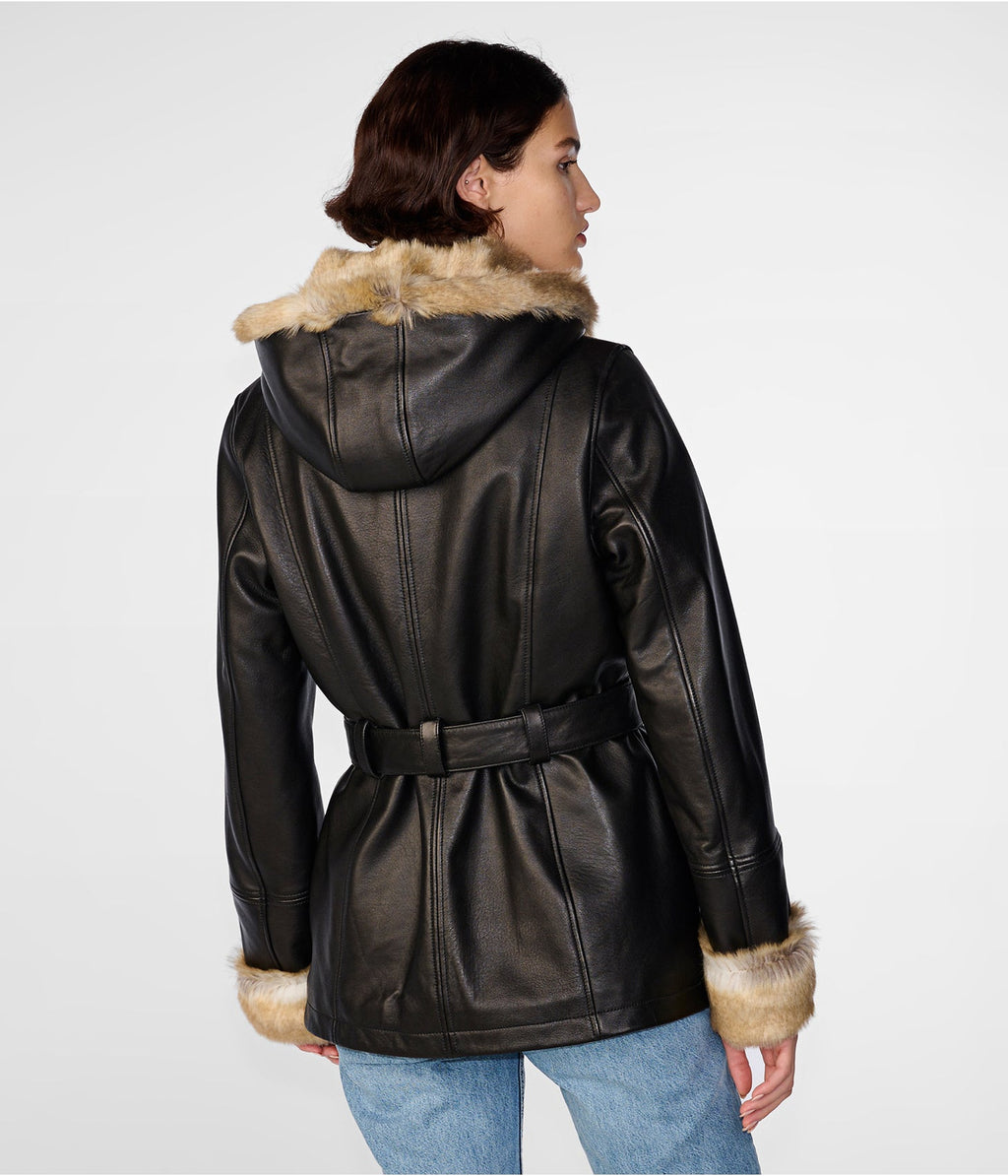 Women's Classic Black Shearling Leather Jacket - Timeless Elegance and Warmth