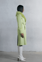 Women's Lime Green Shearling Leather Trench Coat with Chic Design