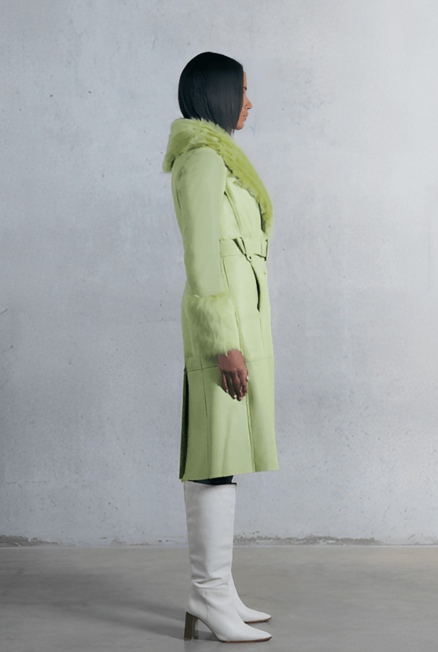 Women's Lime Green Shearling Leather Trench Coat with Chic Design