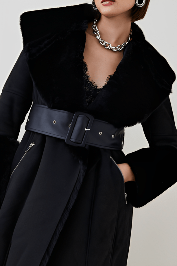 Women's Black Suede Leather Shearling Coat with Fur Collar