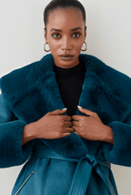 Women's Royal Blue Suede Leather Shearling Coat with Elegant Design