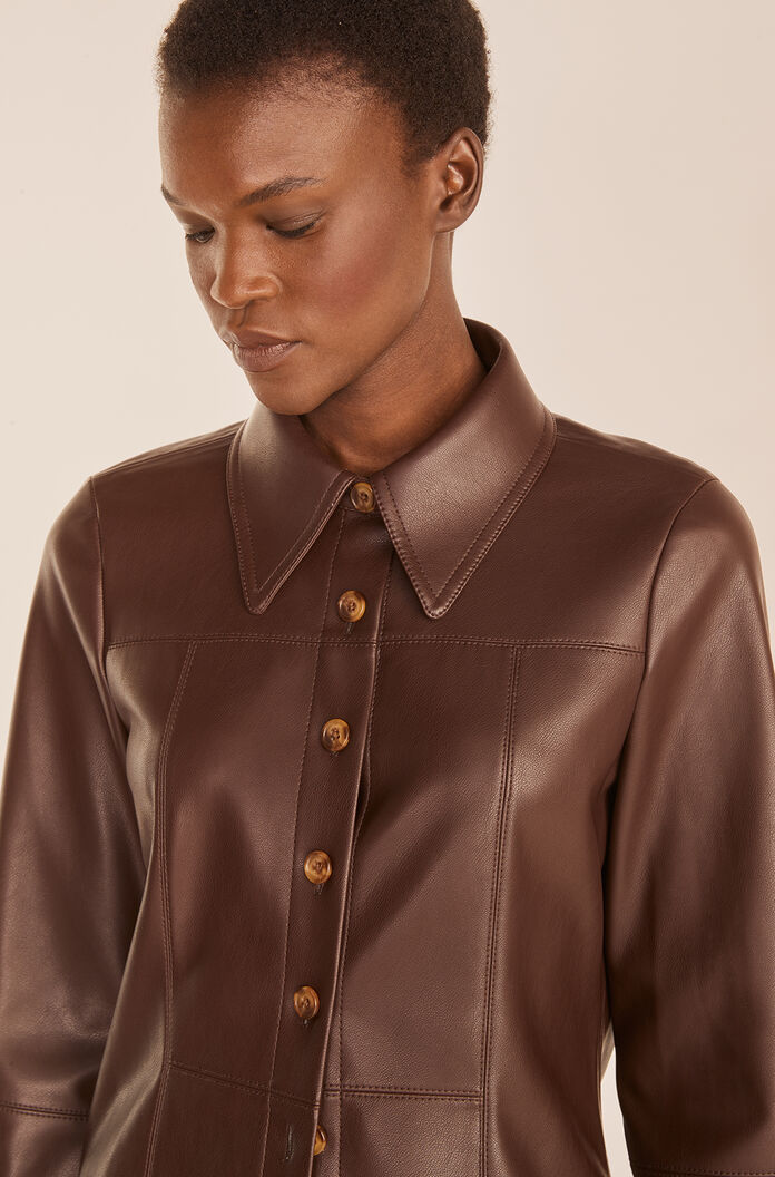 Women's Chocolate Brown Leather Shirt with Gold Buttons and Tailored Fit
