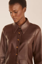 Women's Chocolate Brown Leather Shirt with Gold Buttons and Tailored Fit
