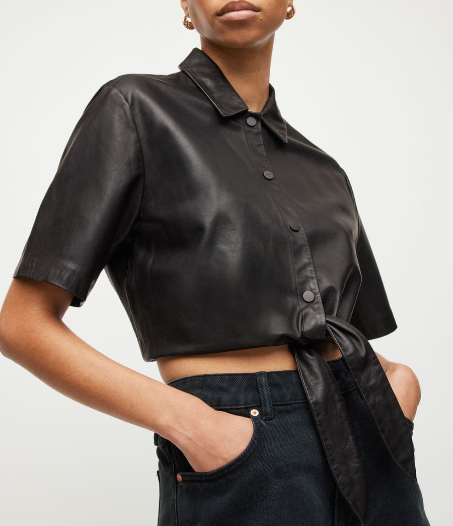 Women's Black Cropped Leather Shirt with Modern Fit