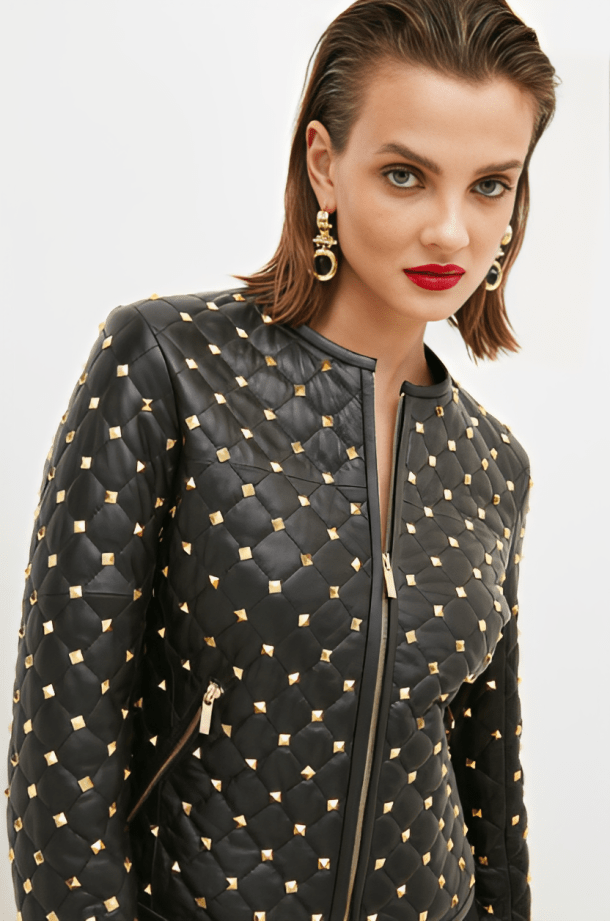Women's Black Quilted Leather Jacket with Gold Studded Accents - Luxe and Bold
